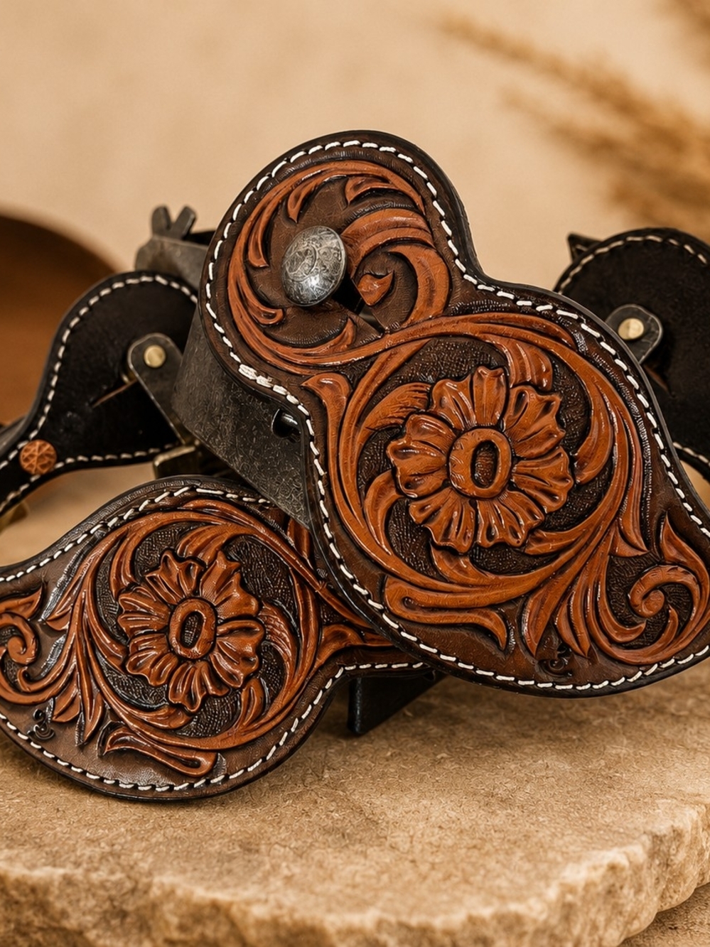 Rockin' 3 Leather Hand Tooled Floral Spur Straps With Spurs, Unisex